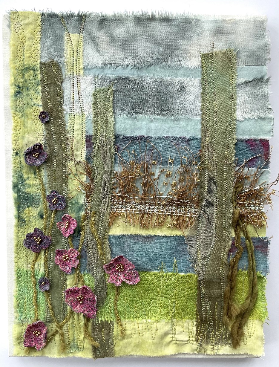 ''Flowers in the Landscape' in stitched collage